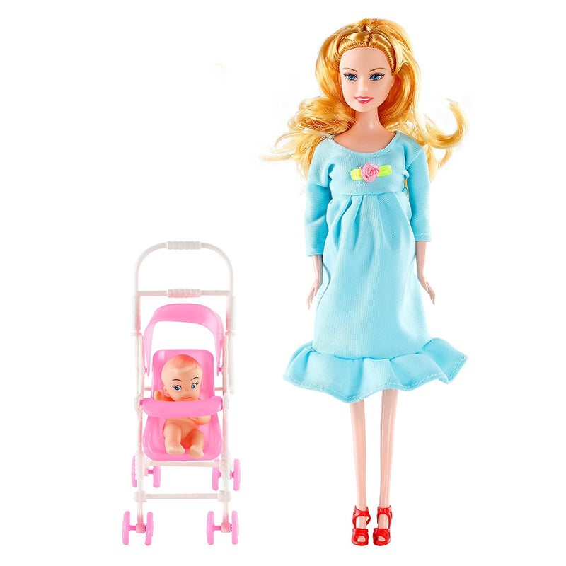 FunPa Pregnant Doll Have a Baby in Her Tummy Mom Doll Pregnant Mom Toy with Baby Doll Trolley (Blue) - Image 1